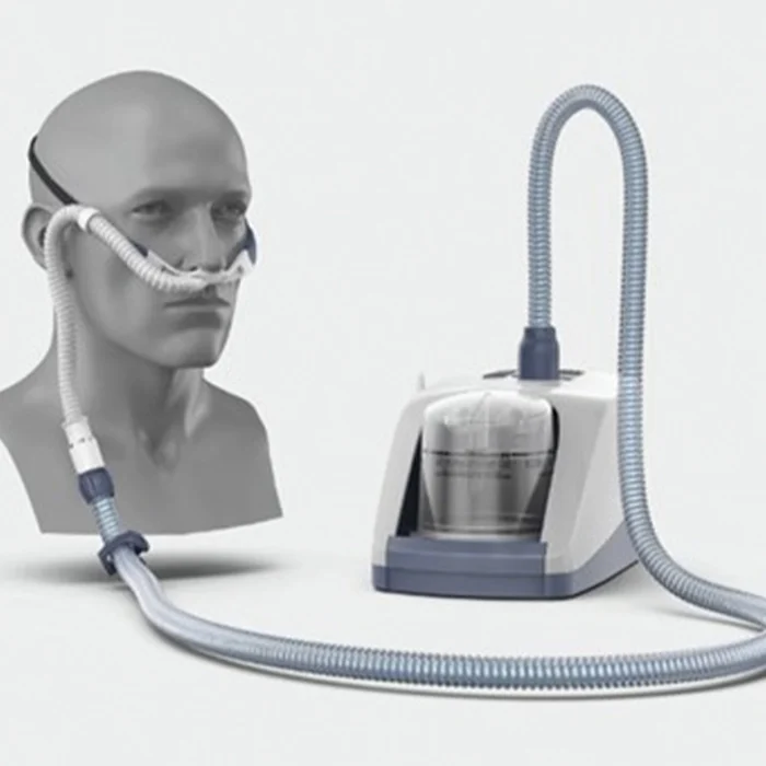 L’appareil myAirvo 2 est un humidificateur avec une source de débit intégrée qui délivre des hauts débits de mélanges d’air et d’oxygène aux patients qui respirent spontanément