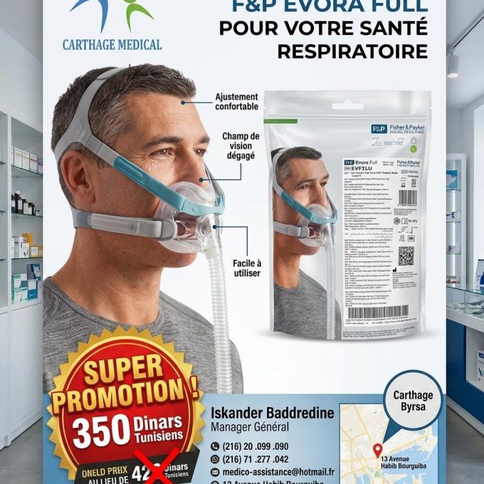 Le masque nasal EVORA est conçu pour le traitement de l’apnée du sommeil par PPC/CPAP. Il se distingue par un design compact sous le nez (« under-the-nose »), limitant les points de contact sur le visage et offrant un champ de vision dégagé. Caractéristiques principales Technologie CapFit™ : harnais s’enfilant comme une casquette pour une mise en place rapide et intuitive. Coussin nasal flottant avec technologie Dynamic Support™ pour améliorer l’étanchéité tout en permettant les mouvements nocturnes. Contact facial réduit pour limiter les marques et l’inconfort. Tissu doux AirEdges™ et structure légère. Diffusion d’air silencieuse grâce aux micro-perforations laser. Avantages Convient bien aux dormeurs latéraux et aux utilisateurs actifs pendant le sommeil. Compatible avec le port de lunettes et la lecture avant le coucher. Sensation moins claustrophobique qu’un masque facial classique.